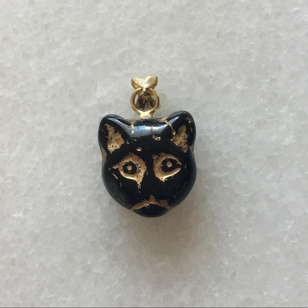 Solid 14K yellow gold vintage glass black cat good luck pendant lucky charm
